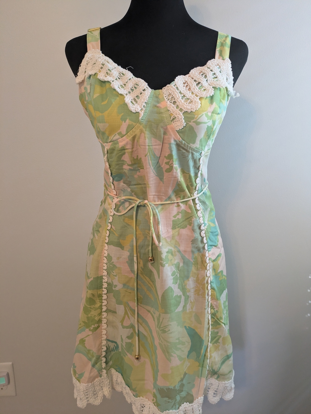 Unbranded Green Floral Lace-Trim Slip Dress Size XL Belt Mini Spring Lightweight